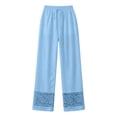 thumbnail image 5 of Womens Cotton Linen High Waist Wide Leg Pants for Summer Casual Palazzo Trousers Lightweight Lace Lounge Pants with Pockets Sky Blue L(L), 5 of 5