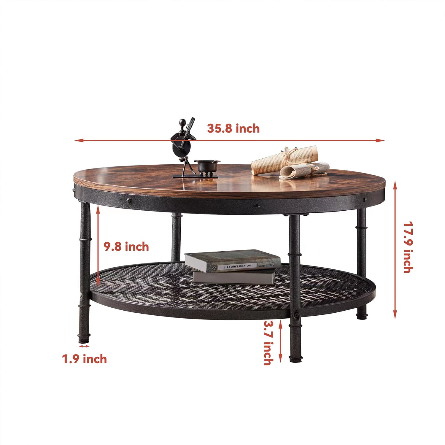 Kadyn 2-Tier Round Coffee Table, Particle Board Coffee Table with 3D Texture Metal Frame and Mesh, Modern Round Coffee Table for Living Room, Rustic Brown Kadyn 2-Tier Round Coffee Table, Particle Board Coffee Table with 3D Texture Metal Frame and Mesh, Modern Round Coffee Table for Living Room, Rustic Brown