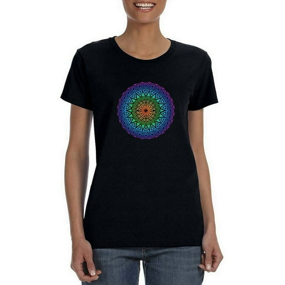 Colorful Mandala Spiritual Buddhist Universe Symbol Women Black Yoga T-Shirt, Female x-Large