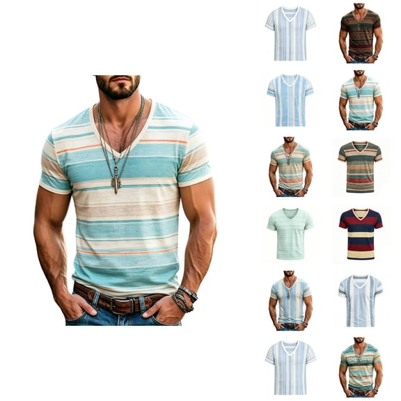 Mens V Neck T Shirts Striped Short Sleeve T-Shirts Casual Slim Fit Lightweight Summer Tops Fashion Beach Vacation Shirts