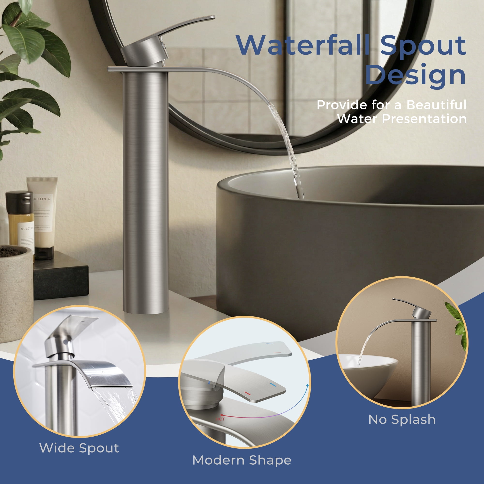 TVOFEK Tall Waterfall Bathroom Vessel Sink Faucet Single Handle, One Hole Brushed Nickel Bathroom Faucet with Metal Pop up Drain and cUPC Hoses, 11 inch Faucet for Basin Bath
