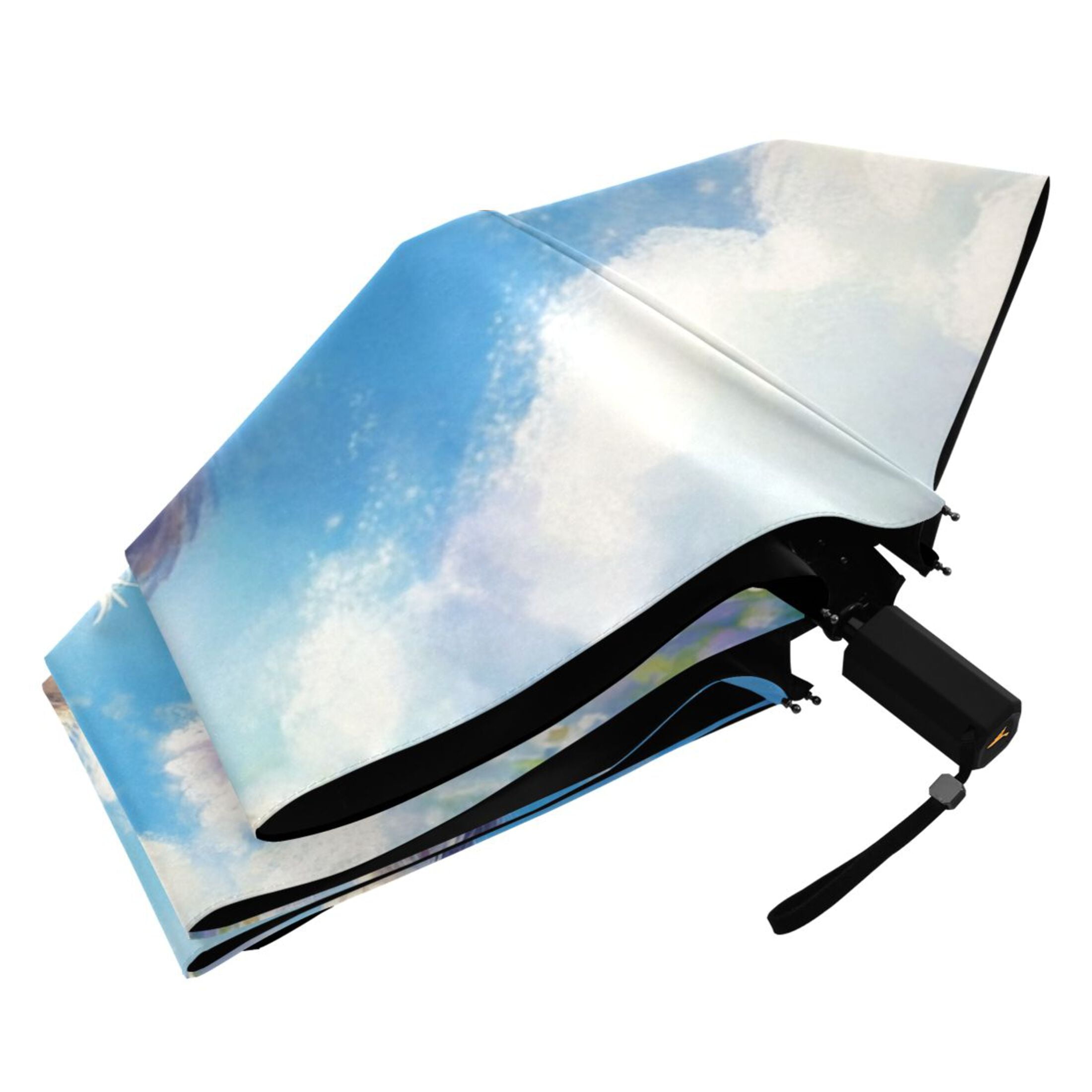 Cute Cats Flying on Floral Field All Weather Umbrella Triple Folding Parasol 6 Ribs UV Protection Portable