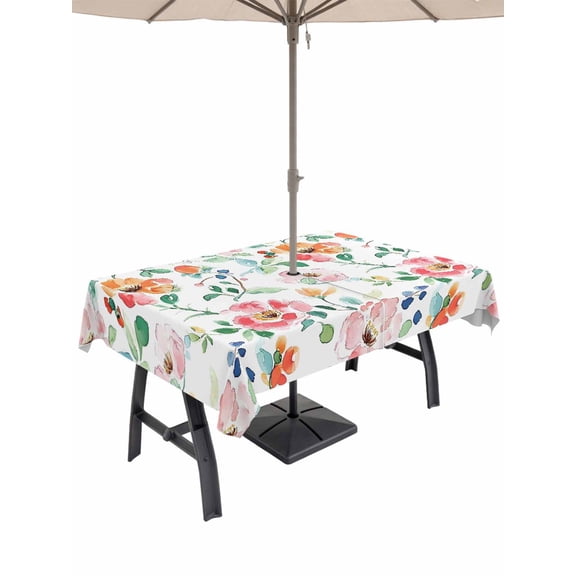 60x120 Inch Outdoor Tablecloth with Umbrella Hole Zipper Rectangle Pink Orange Floral Rectangular Tablecloths Outside Waterproof Summer Botanical Flower Leaf Patio Table Cloth Cover for Picnic Party