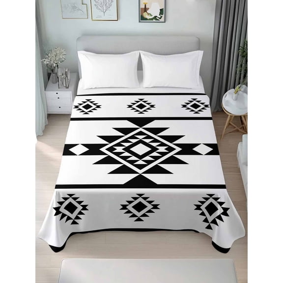 White Black Boho Twim XL Size Flat Sheet, Wrinkleproof & Fadeproof Cooling Flat Bed Sheet Only, Southwest Ethnic Abstract Geometric Breathable Soft Bedding Top Sheets 66 x 102 Inches