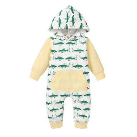 

Baby Unisex Cotton Fish Print Autumn Long Sleeve Hooded Romper Jumpsuit Clothes For 12-18 Months