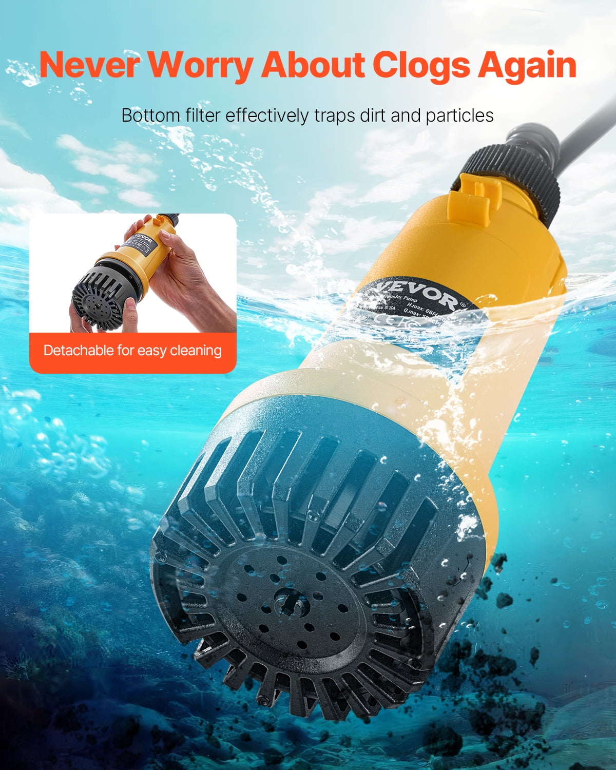 VEVOR Cordless Submersible Water Transfer Pump, 528GPH, Portable Sump Pump with G3/4" Garden Hose, Compatible with Dewalt 20V MAX Battery (No Battery), Electric Utility Pump for Pool, Garden, Pond