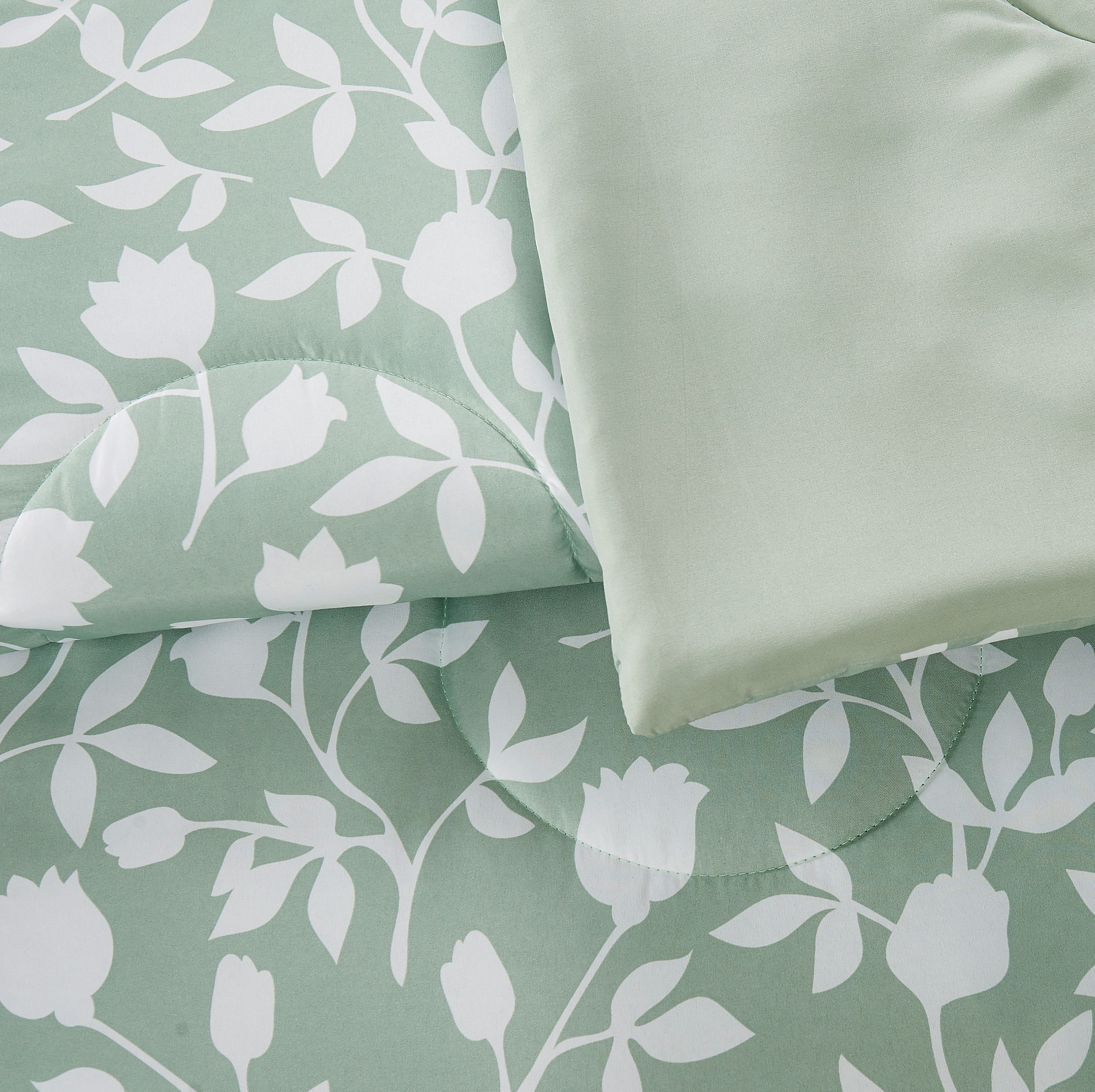 Mainstays 5 Piece Reversible Bed in a Bag Comforter Set with Sheets, Green Floral, Twin-XL