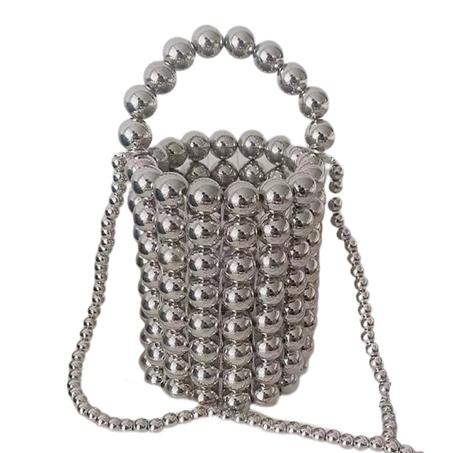 Bolso de mano con cuentas para mujer, con decoración de perlas blancas, para vestido de noche, con cadena interior desmontable