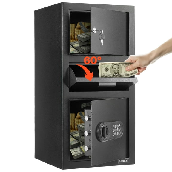 VEVOR 3.6 Cubic Feet Drop Safe,Large Capacity Front Drop Slot Safe Box with Digital Keypad, Heavy Duty 3 Tiers Cash Depository Box with Spare Keys for Cash, Bank Slip, Jewelry, Document, Bill, Black