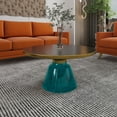 thumbnail image 5 of LeisureMod 30" Round Coffee Table with Glass Top and Brushed Gold Iron Rim Tempered Glass Pedestal Base No Assembly for Modern Home, Living Room Tully Collection in Blue/Black, 5 of 17