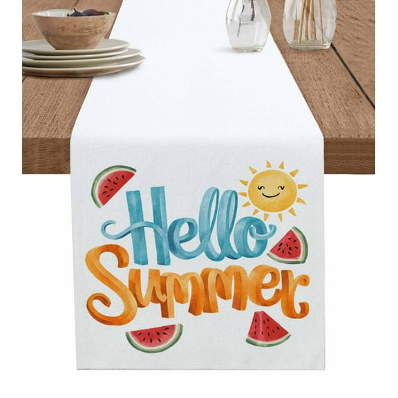Hello Summer Burlap Cotton Table Runner 13x60 Inches Long, Watercolor Watermelon Tropical Fruit Farmhouse Table Runners, Outdoor Dining Tablecloths Decor for Baby Shower/Party/Wedding