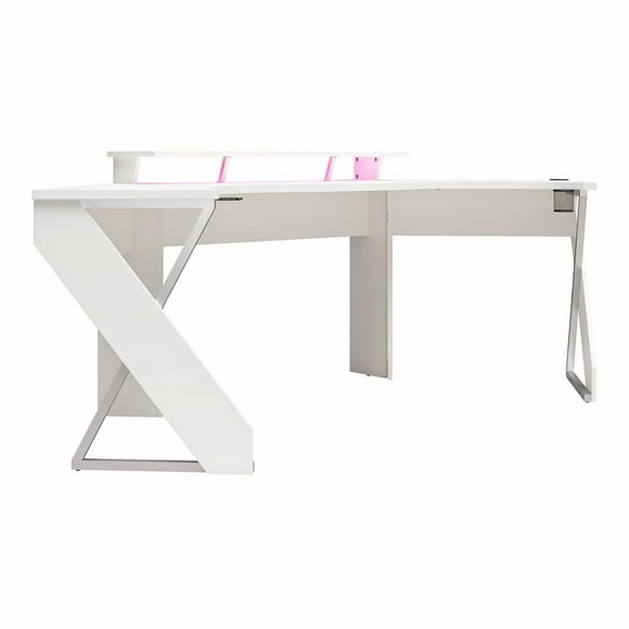Bureau d’angle pour jeux vidéo Xtreme de NTense avec rehausseur et ensemble d’éclairages D.E.L., blanc