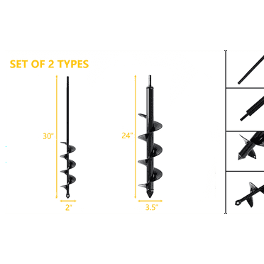 【2-Pack】Garden Auger Drill Bit Set (24"x3.5" & 30"x2") for Planting and Post Hole Digging–Spiral Design, Solid Shaft–Compatible with 3/8" Hex Drive Drill