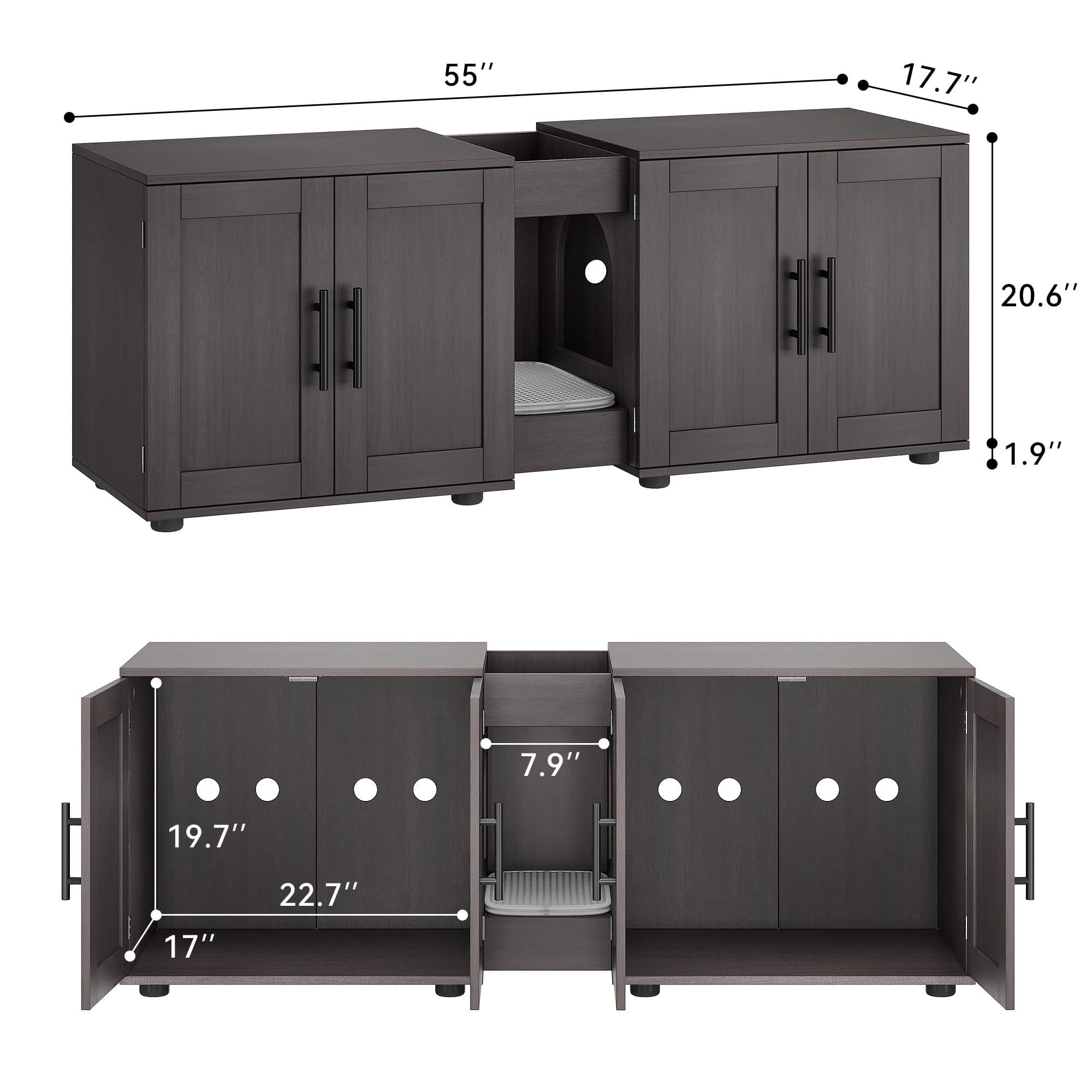 Cat Litter Box Enclosure for 2 Cats, 55" Hiddden Litter Box Enclosure Furniture 3-in-1 Wooden Litter Cabinet with Barn Door & Double Rooms for Bedroom Living Room