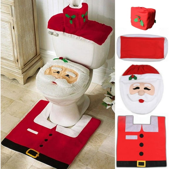 Dsseng Christmas Bathroom Sets, Santa Toilet Seat Cover 3-Piece Christmas Bathroom Decor, Toilet Seat Cover and Rug Set, Santa on The Toilet Ornament
