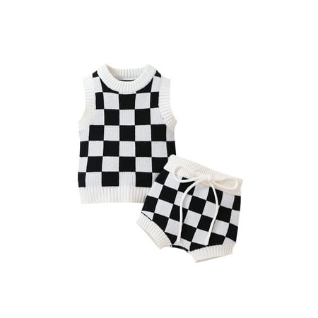 

Bagilaanoe 2pcs Toddler Baby Boy Girl Knitted Short Pants Set Sleeveless Checkerboard Print Tank Tops + Shorts 6M 12M 18M 24M 3T Kids Casual Summer Outfits