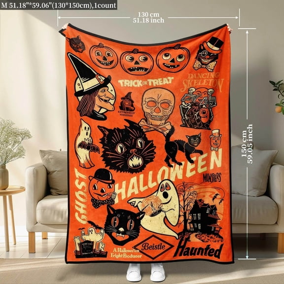 1pc Spooky Halloween Throw Blanket - Large Soft Flannel Bedspread with Witches, Ghosts, Black Cats, Jack-O'-Lanterns, Bats, Haunted House - Orange & Black Gothic Decor for Couch, Bed, Travel - All-Se