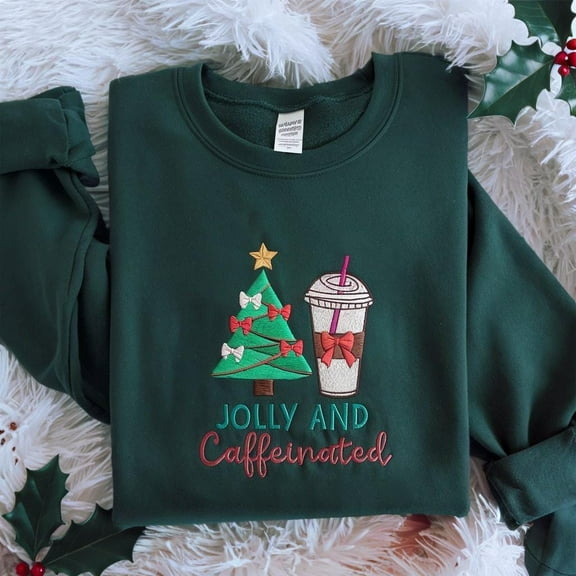 To Be Jolly & Caffeinated Embroidered Sweatshirt, Christmas Sweatshirt, Christmas Coffee Shirt, Christmas Tree Coquette Shirt, Coffee Shirt