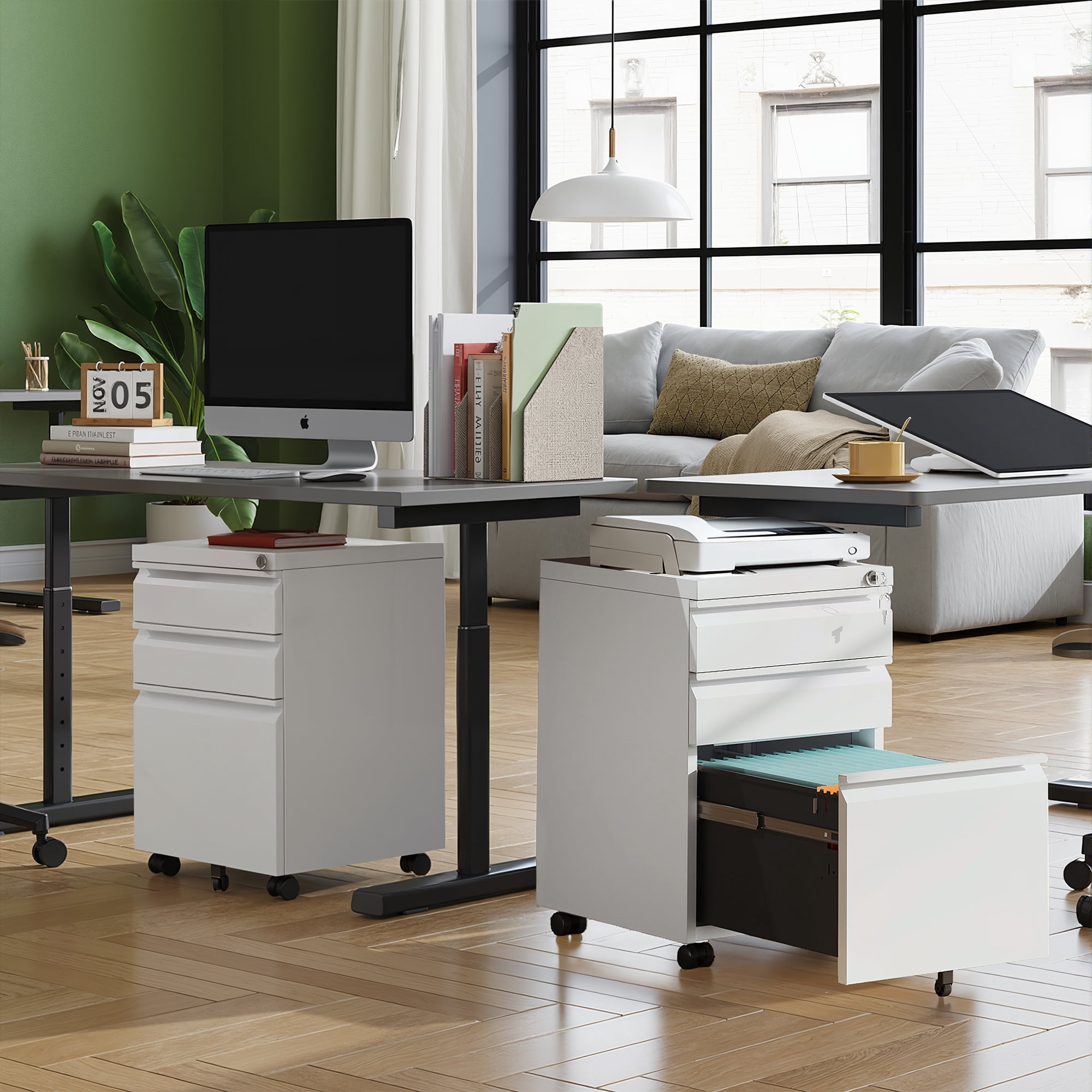 GALAXHERO 3 Drawer Metal File Cabinet with Lock(No Assembly), Mobile Printer Cabinet & Small Under Desk Filing Cabinet for Home Office, Fits Legal/Letter/A4, White