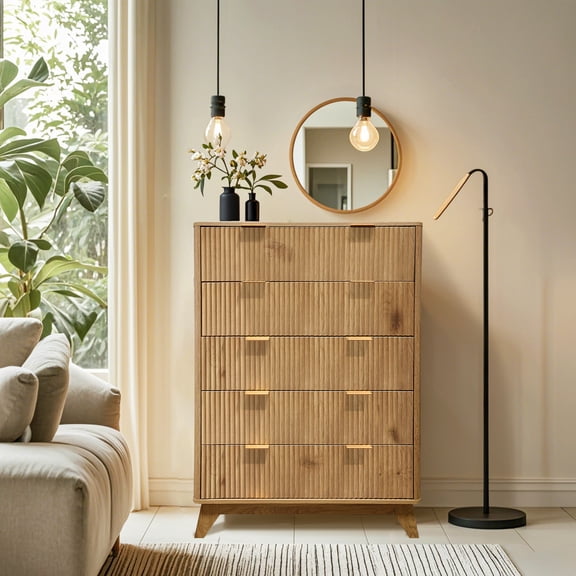 BouPower Modern Fluted 5 Drawer Entryway Cabinet, Tall Wood Storage Dresser with Anti-Tip Device, Spacious Drawers, Perfect for Bedroom, Living Room, Hallway, Closet, Oak