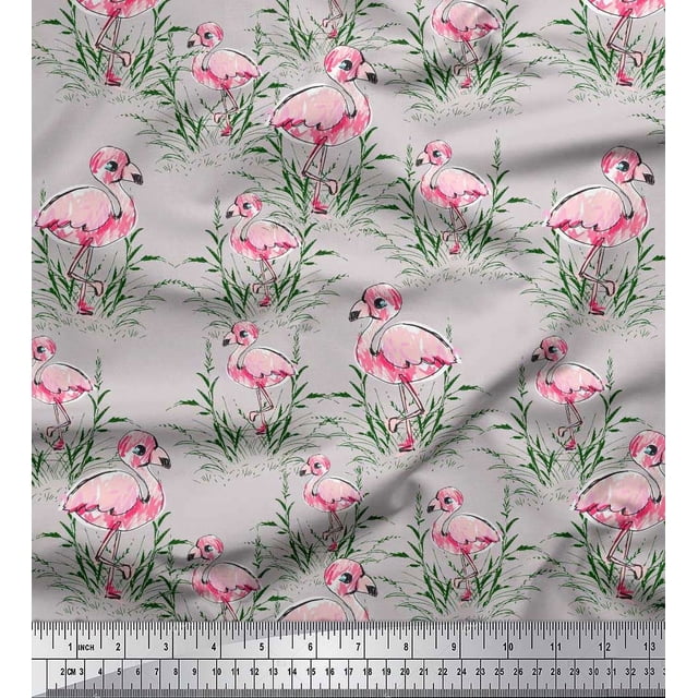 Soimoi Grey polyester Crepe Fabric Grass & Flamingo Bird Print Fabric by Yard 42 Inch Wide