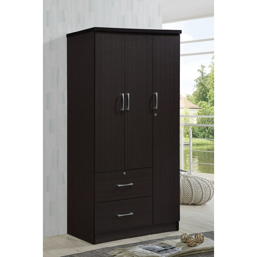 Hodedah 3Door 36 in. Wide Armoire with 2Drawers, Clothing Rod and 3