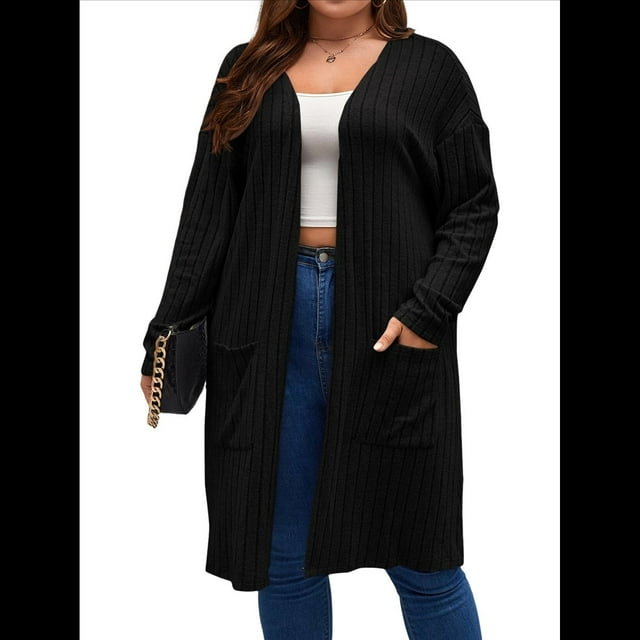 Cárdigan de Punto Ligero y Suave para Mujer, de Talla Grande, con Mangas Largas, Abierto Al Frente y Bolsillos. Negro 5XL