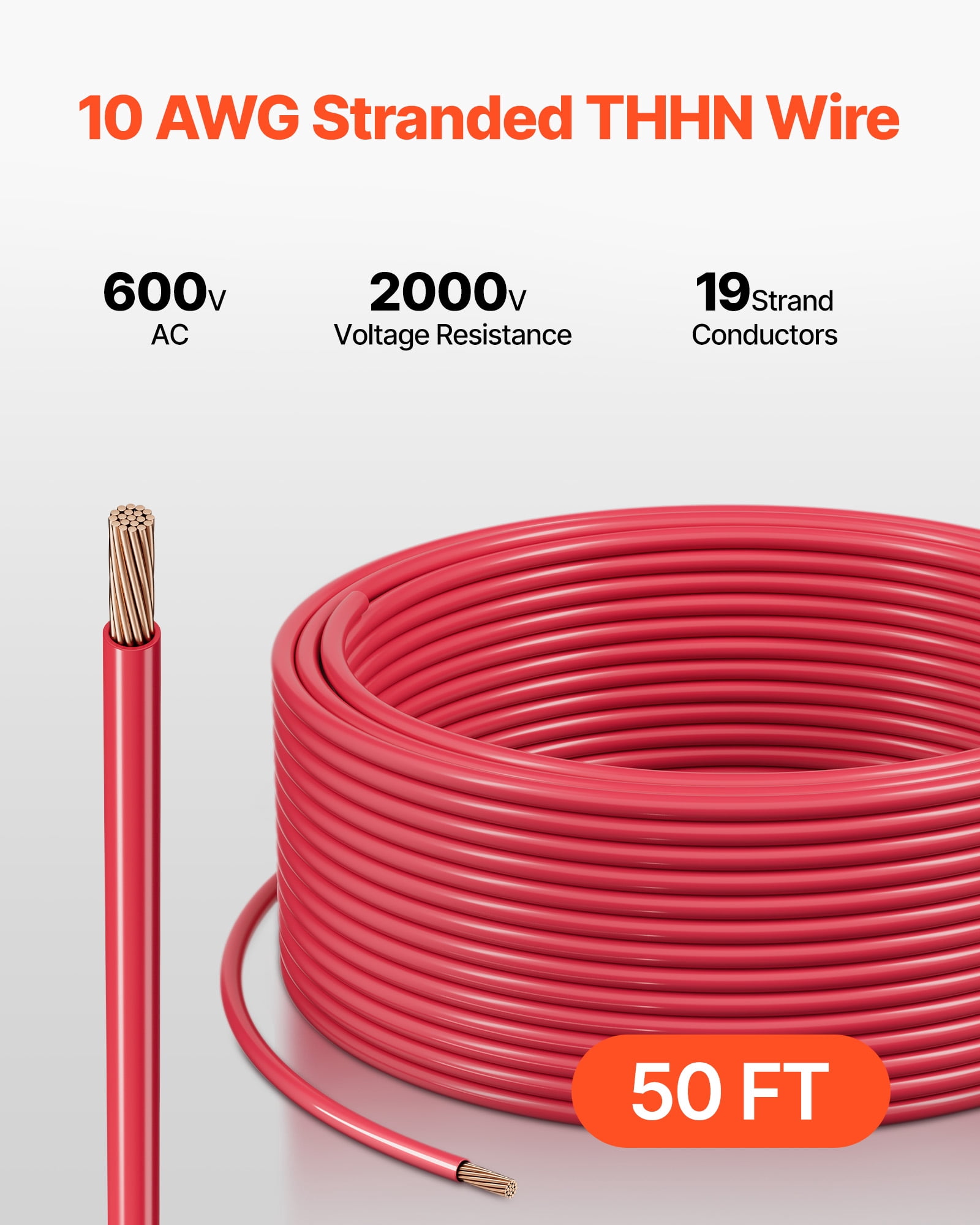 VEVOR 10 AWG THHN Wire, 19-Stranded, 100% OFC Copper Electrical Building Wire with Nylon Jacket, Rated for Up to 600 Volts, for Indoor & Outdoor Use, Commercial, Industrial, Residential, Red