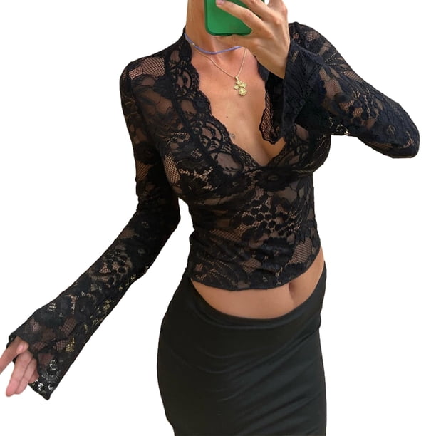 Top corto Miqil para mujer, encaje Y2K, manga larga, malla transparente, negro