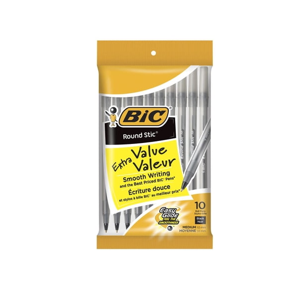 Stylos-bille noirs BIC Round Stic Extra Valeur, pointe moyenne (1,0 mm), paquet de 10 stylos en vrac, corps rond et souple pour une écriture confortable