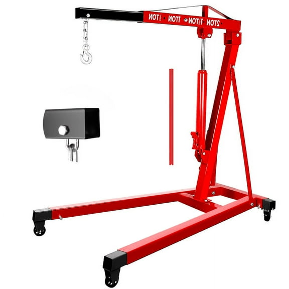 2 Ton Heavy Duty Engine Crane with Hydraulic Telescopic Arm, Safety-Release Hook, Reinforced Body & Anti-Slip Surface, 4500Lbs for Factory Shop, Automotive & Cargo Stacking, Red