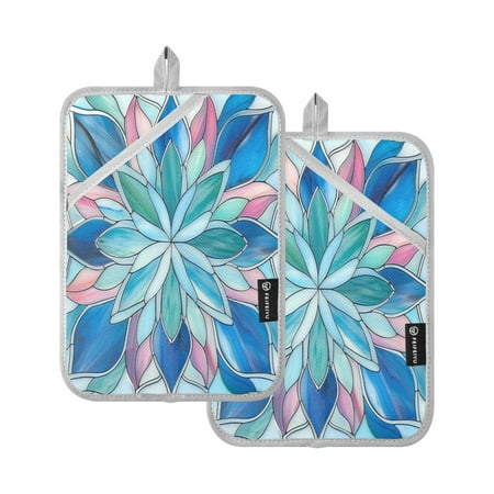 

Oven Mitts 2 Pcs Pot Holders Sets Heat Resistant Hot Pads for Kitchen Cooking Baking 7 x9.8 Blue Pink Floral Stained Glass