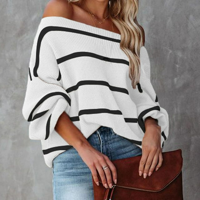 Camisa de rayas, blusa para mujer, jersey con mangas abullonadas, jersey con hombros descubiertos, experiencia incomparable