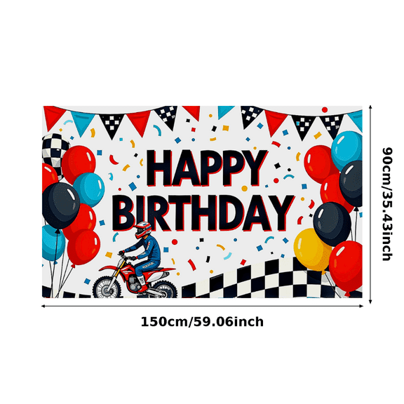 Motocross Themed Happy Birthday Backdrop Banner with Balloons Stars and Checkered Flags Party Supplies Photography Props Birthday Party Decorations Background Decor