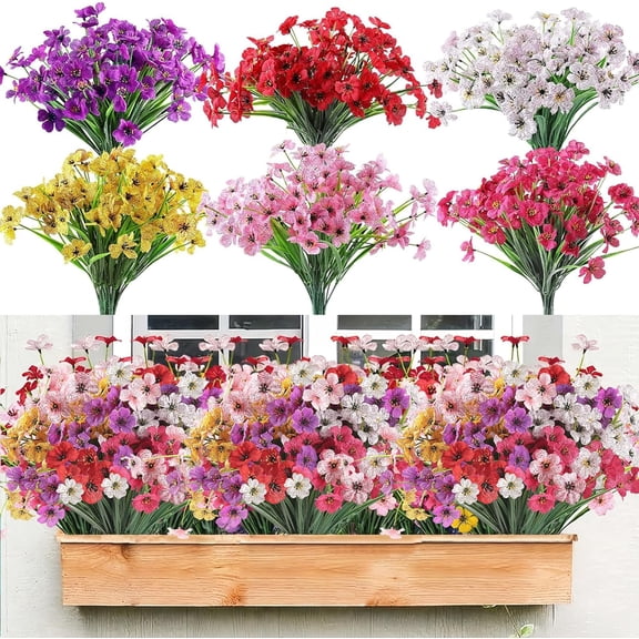 24 Bundles Artificial Flowers for Outdoors, Fake Silk Violet Flowers Faux Plants UV Resistant for Hanging Planters Window Box Front Porch Indoor Outside Decorations (6 Colors Assorted)