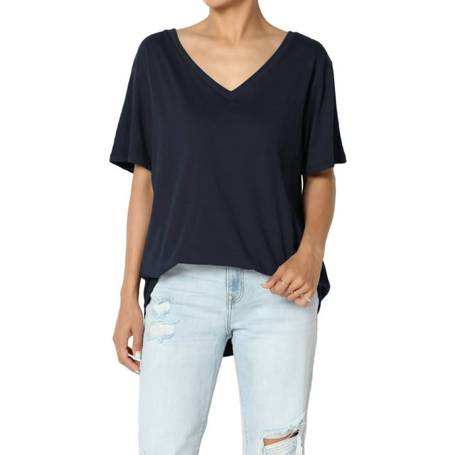 T-Shirt Décontracté en Coton à Col en V pour Femmes, Manches Courtes, Ample