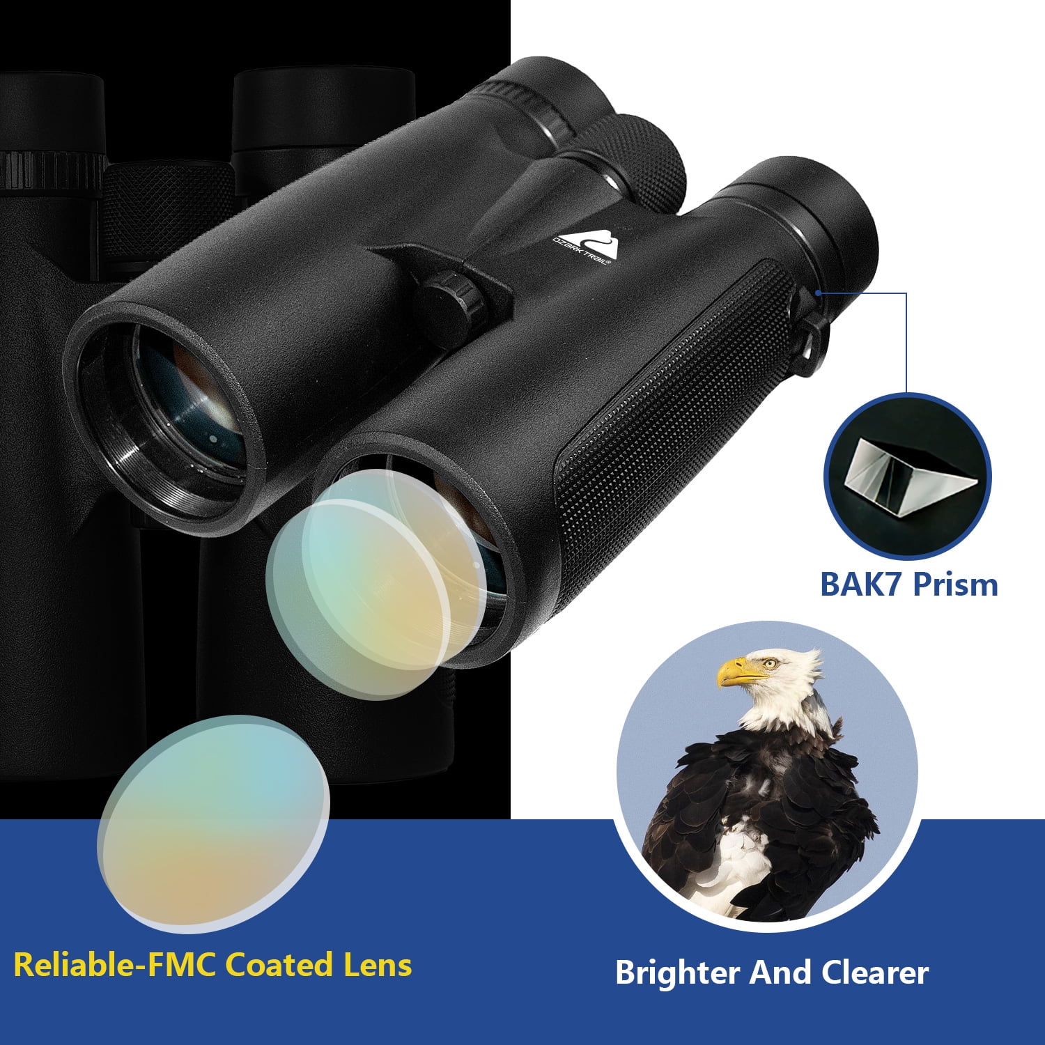 Ozark Trail 12x 50mm High Powered HD Large View Binoculars with Neck Strap, Carry Case & Clean Cloth, 1 Pack
