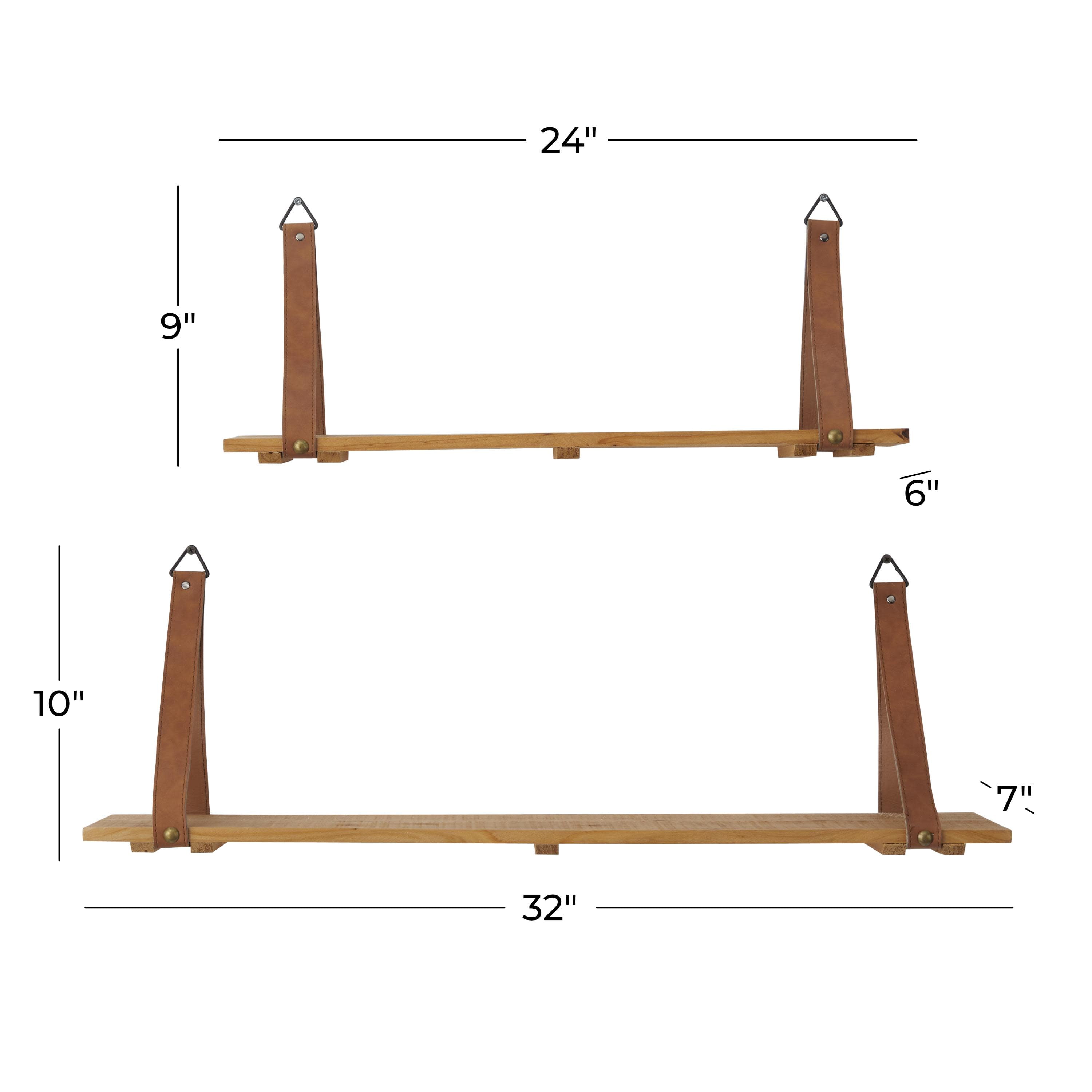 CosmoLiving by Cosmopolitan 24", 32"W 2-Tier Brown Wall Shelf with Faux Leather Straps (2 Count)