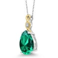 thumbnail image 3 of Gem Stone King 925 Silver and 10K Yellow Gold 2 Tone Pear Shape Green Nano Emerald and White E-F Lab Grown Diamond Keren Hanan Pendant Necklace for Women (9.30 Cttw), 3 of 5