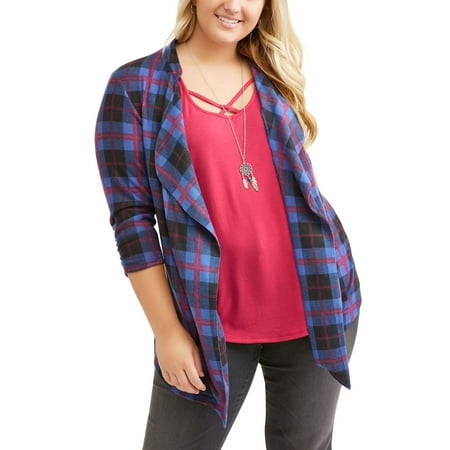 Junior's Plus 3fer - 3/4 Sleeve Plaid Flyaway with Solid Tank & Necklace