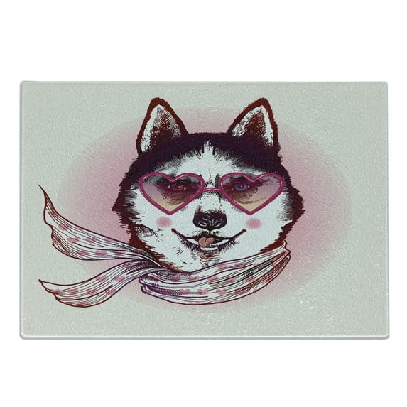 Cartoon Cutting Board, Hipster Husky Dog with Hearts Sunglasses and Scarf Fashion Animal Art Print, Decorative Tempered Glass Cutting and Serving Board, Small Size, Pink Cream Black, by Ambesonne