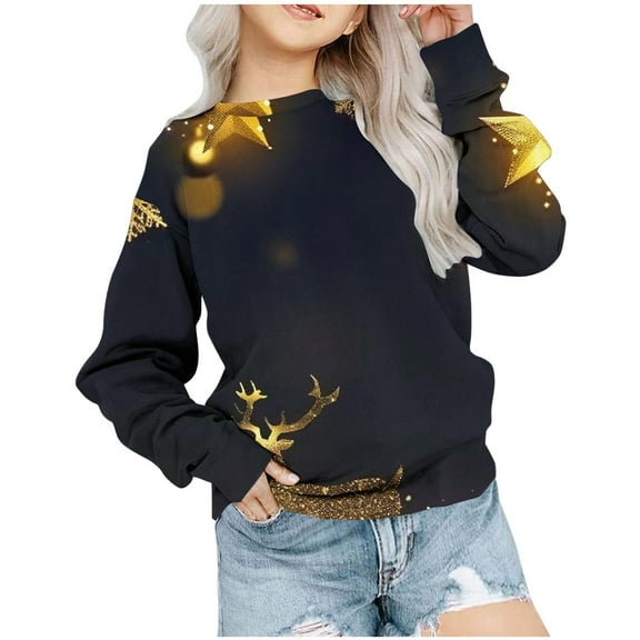 Zwiiyzr Baby Clothes Shirt Long Sleeved Christmas Pattern T-Shirt Round Neck Short Top Suitable for Boys and Girls Aged 1-12 T-Shirts Black