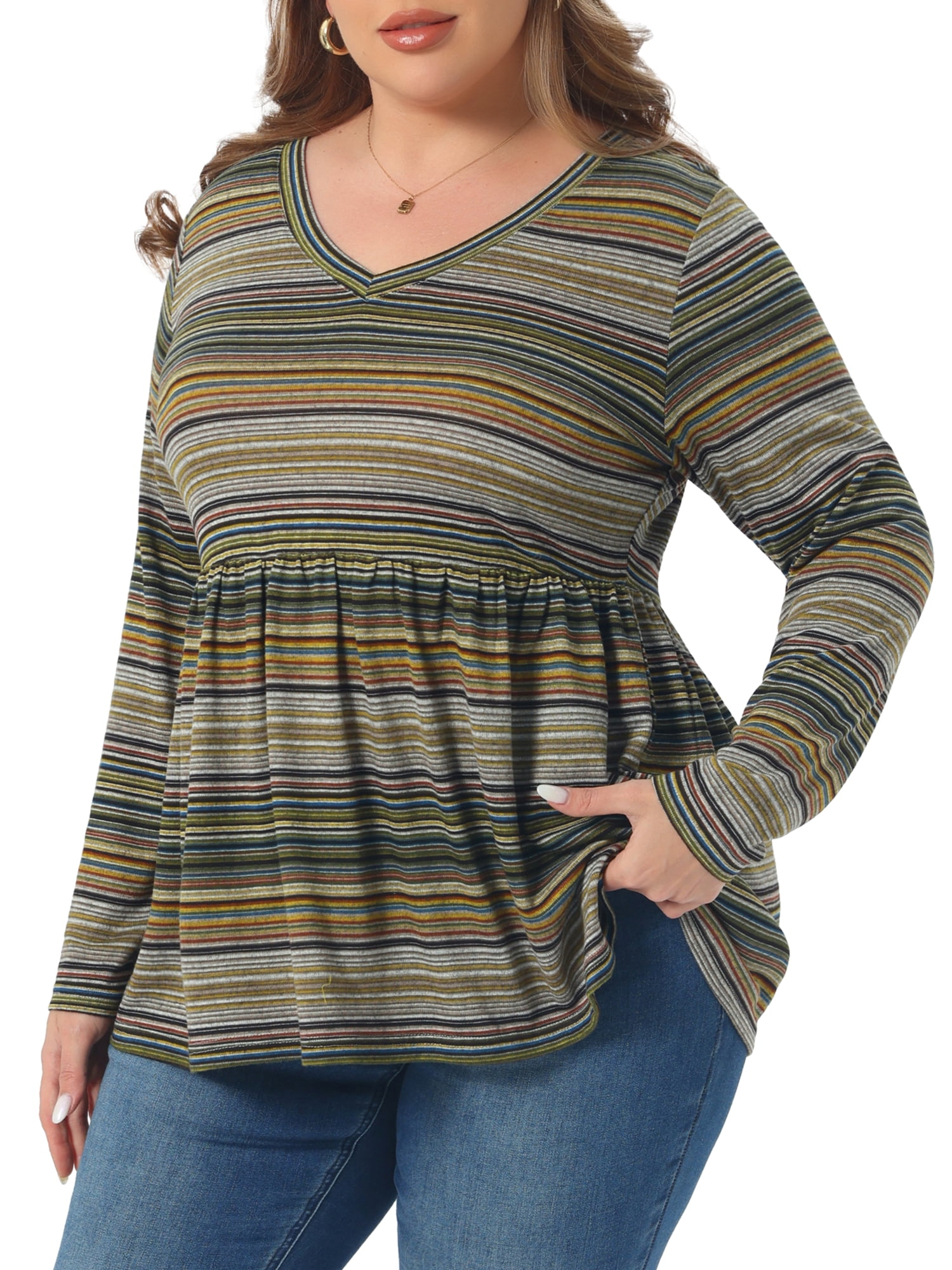 DARING DIVA Women's Plus V Neck Stripe Peplum Knit Blouse 4X Green
