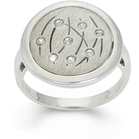 Giuliano Mameli Crystal Accent Rhodium-Plated Sterling Silver Matte-Finished Grass Pattern Polished Frame Round Ring