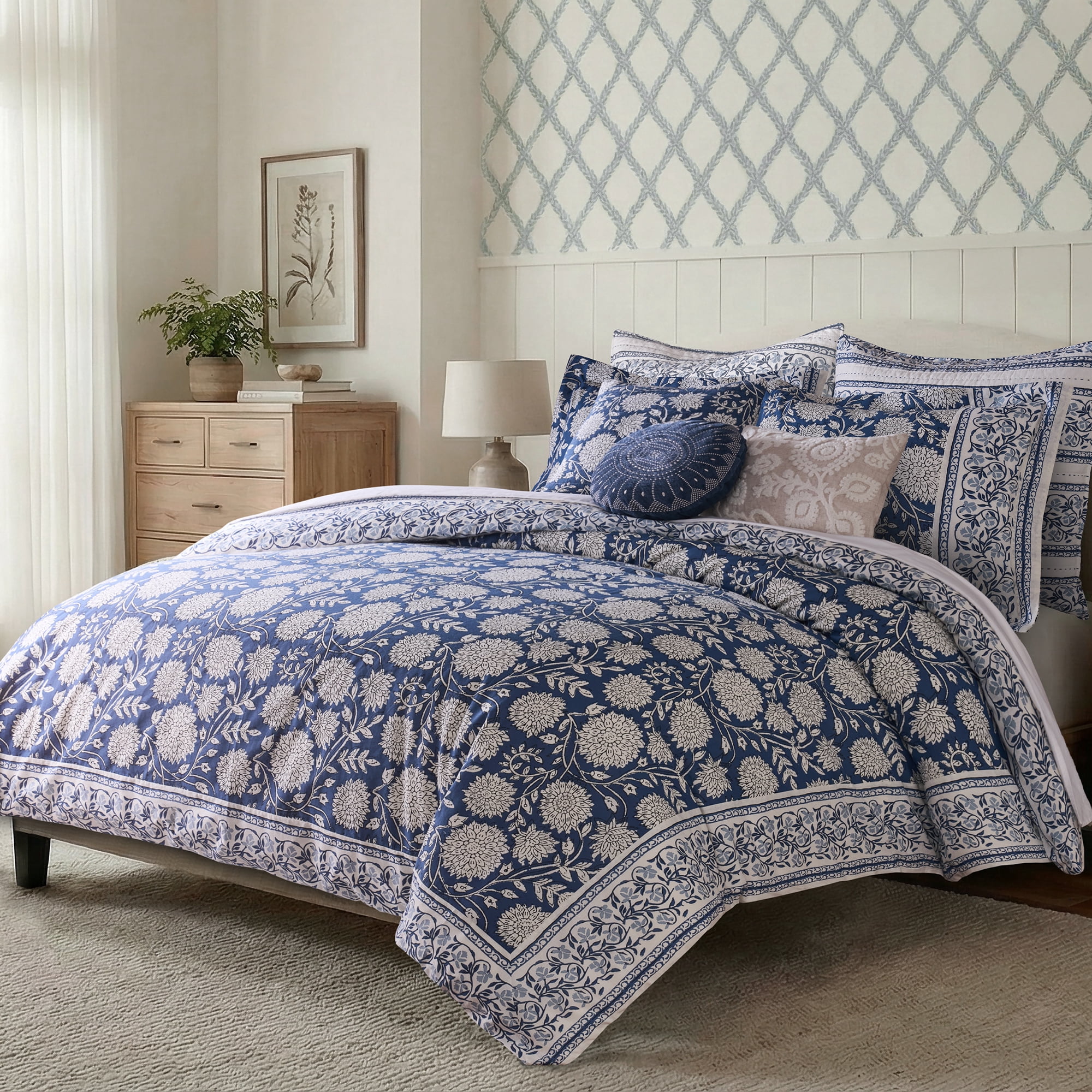 Levtex Home Adare Denim Reversible Queen Duvet Cover Set (90x94in) with 2 Pillow Shams (26x20in) - Floral Bedding - Blue and White - 100% Cotton Queen Size Duvet Cover Set - Soft, Pre-Washed