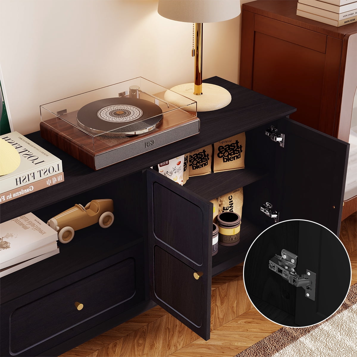 67" Mid-Century TV Stand for TVs up to 75 " , Retro Entertainment Center with Storage Cabinets and Drawers,Black