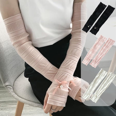 Soft Bow Pearl Fingerless Arm Covers Stretchy Breathable Arm Guards Light Airy Fabric for Driving Gardening Summer Outdoor Ladies Topliu
