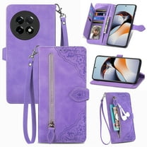 Allytech Wallet Case for OnePlus 11, Embossed Luxury PU Leather Case with Kickstand & Card Slots, Slim Zipper Pocket Detachable Wrist Strap Magnetic Clasp Anti-Drop Case - Purple