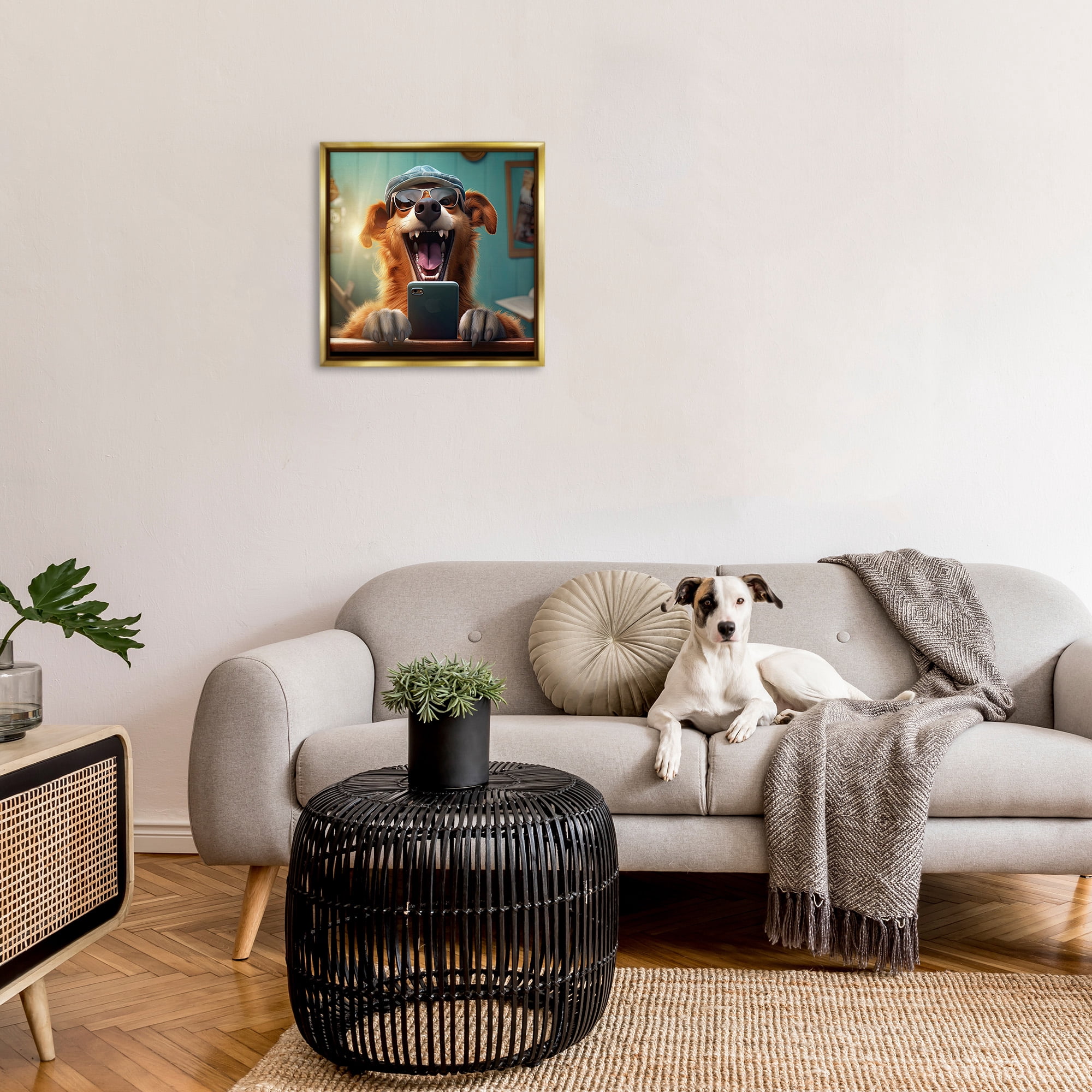 Stupell Industries Happy Dog on Cell Phone Animals & Insects Painting Gold Floater Framed Canvas Art Print Wall Art, 25 x 25