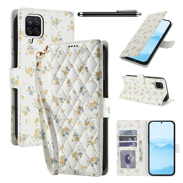 Wallet Case for Samsung Galaxy A12 , PU Leather Phone Cover Kickstand RFID Blocking Flip Case Card Slots Wrist Strap Relief Engraved Pattern Magnetic With Stylus Pen, Gold Flower
